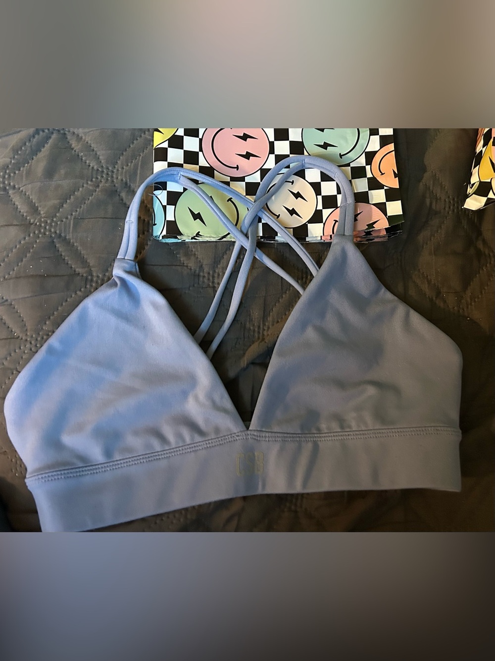 Light Blue Strappy Sports Bra with Cross Back Support